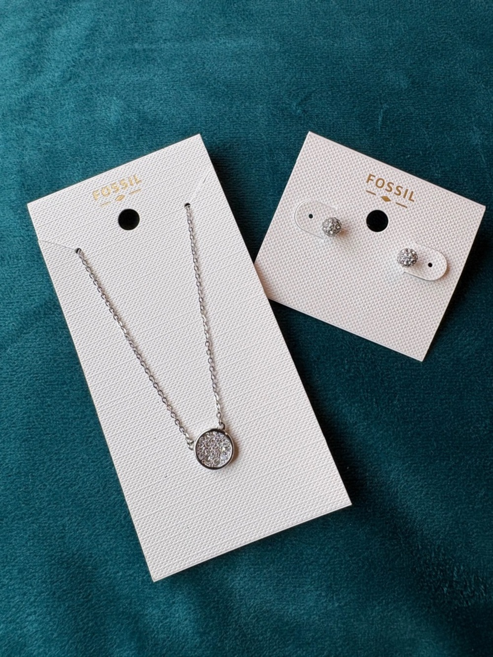 Set - Fossil Silver Crystal Round Pendant Necklace with Matching Studs